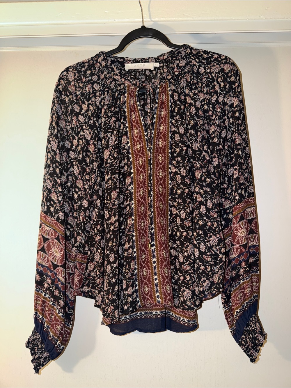 Astr Navy Black Floral Boho Peasant Blouse with Embroidered Trim